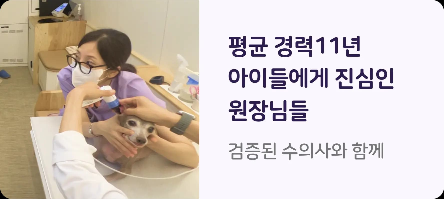 평균 경력 11년, 아이들에게 진심인 원장님들. 검증된 수의사와 함께