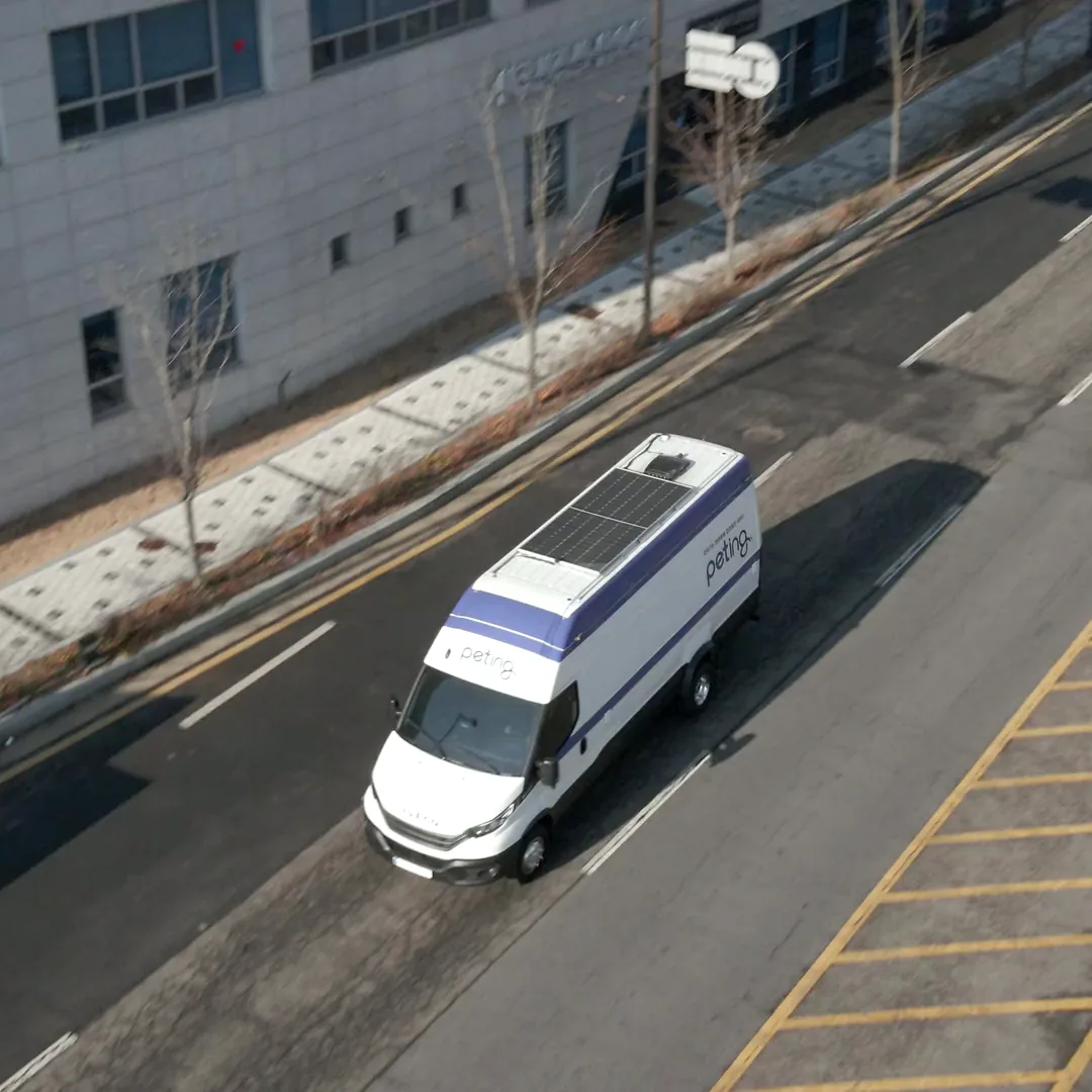 동네 길을 달려오는 펫팅 검진 차량과, 차 안에서 편안히 쓰다듬어지는 고양이