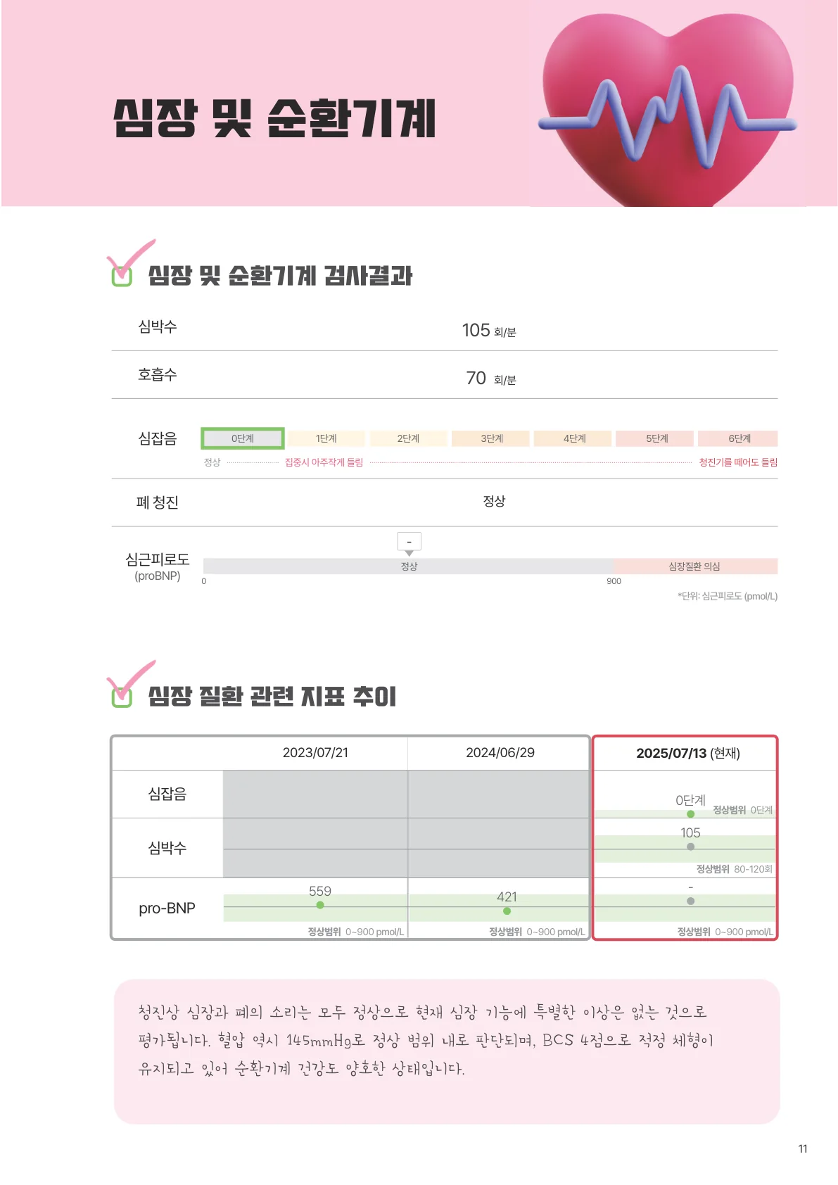 심장 및 순환기계 페이지 — 심박수·심잡음 단계·proBNP 결과와 쉬운 말로 쓴 해석